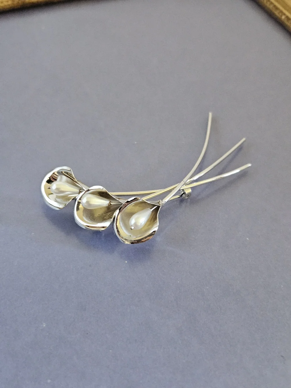 Beau Vintage Sterling Silver Calla Lily Brooch - Pearl Center